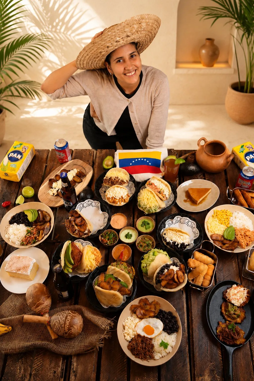 Shehawhe Scacco, Gründerin von Aguacate, lächelnd mit Strohhut hinter einem Tisch voller venezolanischer Spezialitäten und der venezolanischen Flagge.